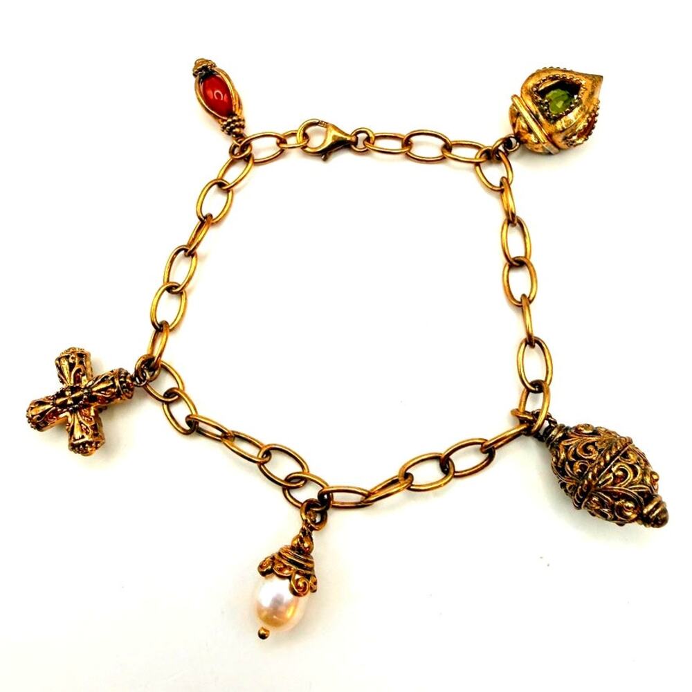 Vtg Prime Art And Jewel 14K Vermeil Etruscan 5 Charm Gemstone Bracelet Cross 7"